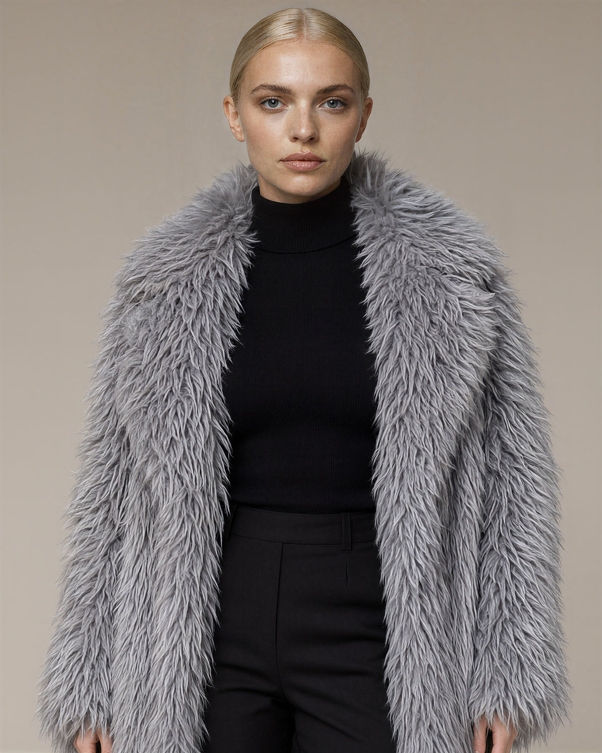 Velia Long Pile Maxi Faux Fur Coat, silver grey, close up above the waist