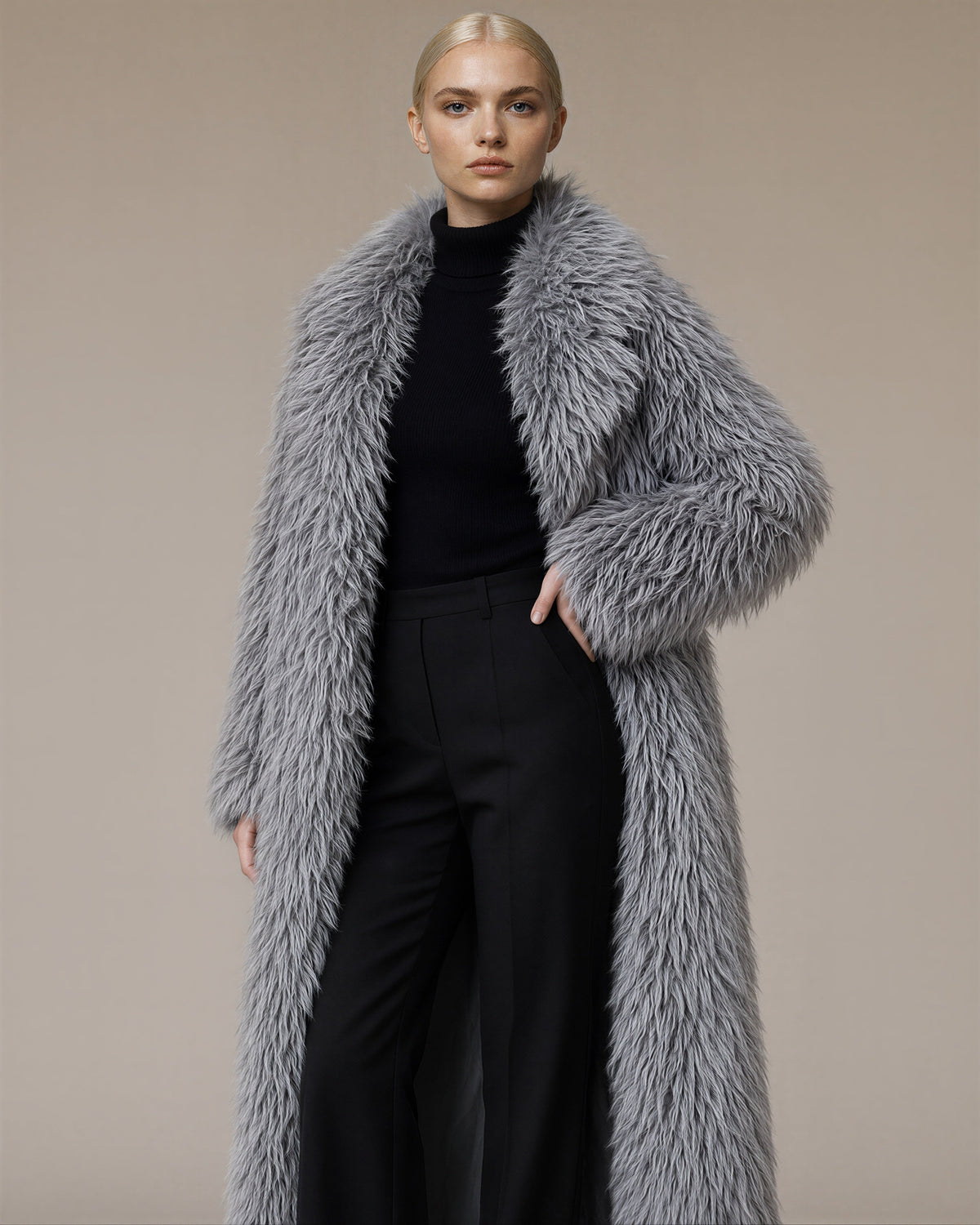Velia Long Pile Maxi Faux Fur Coat, silver grey, front, hands on the waist