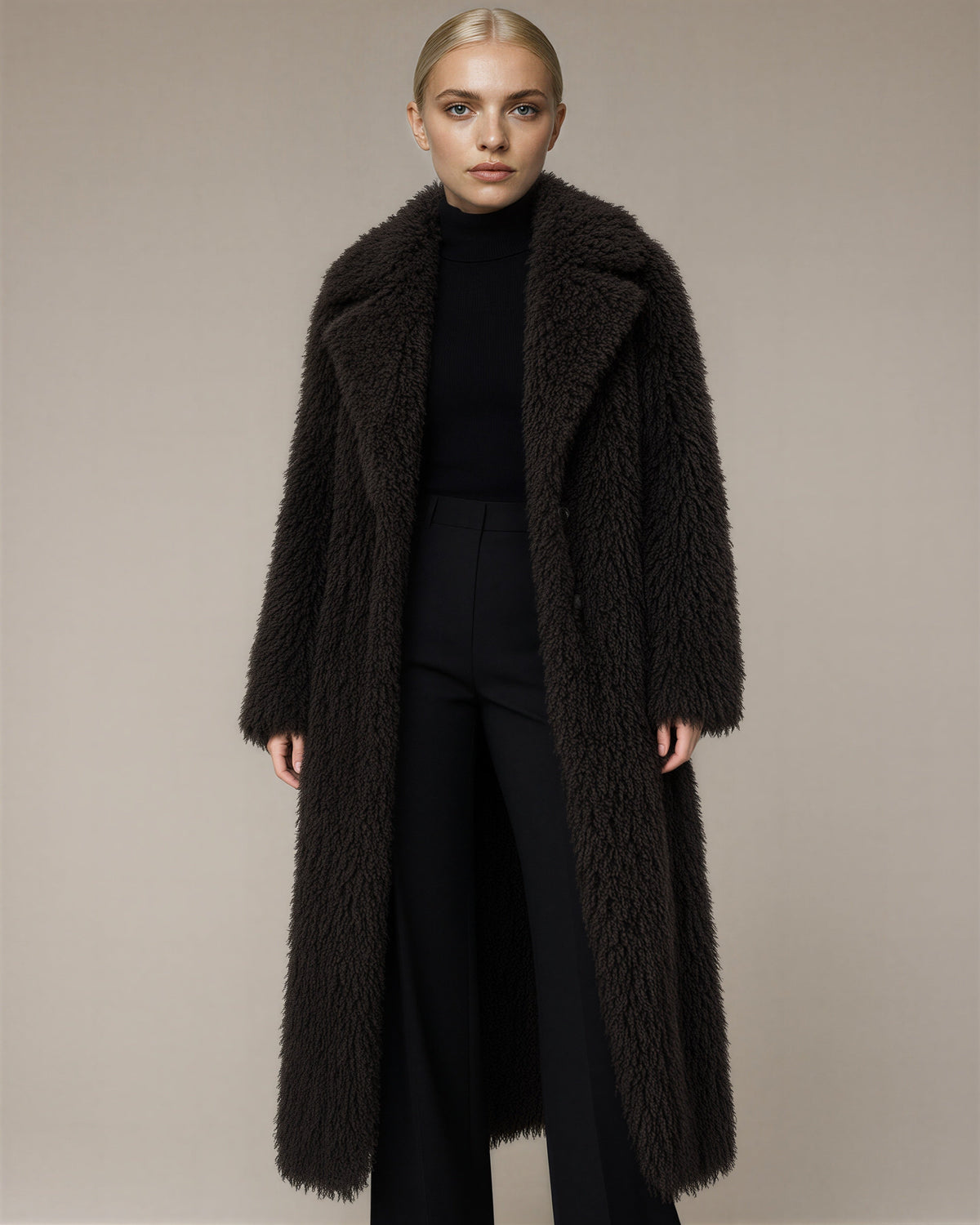 Velia Long Pile Maxi Faux Fur Coat, dark brown color option