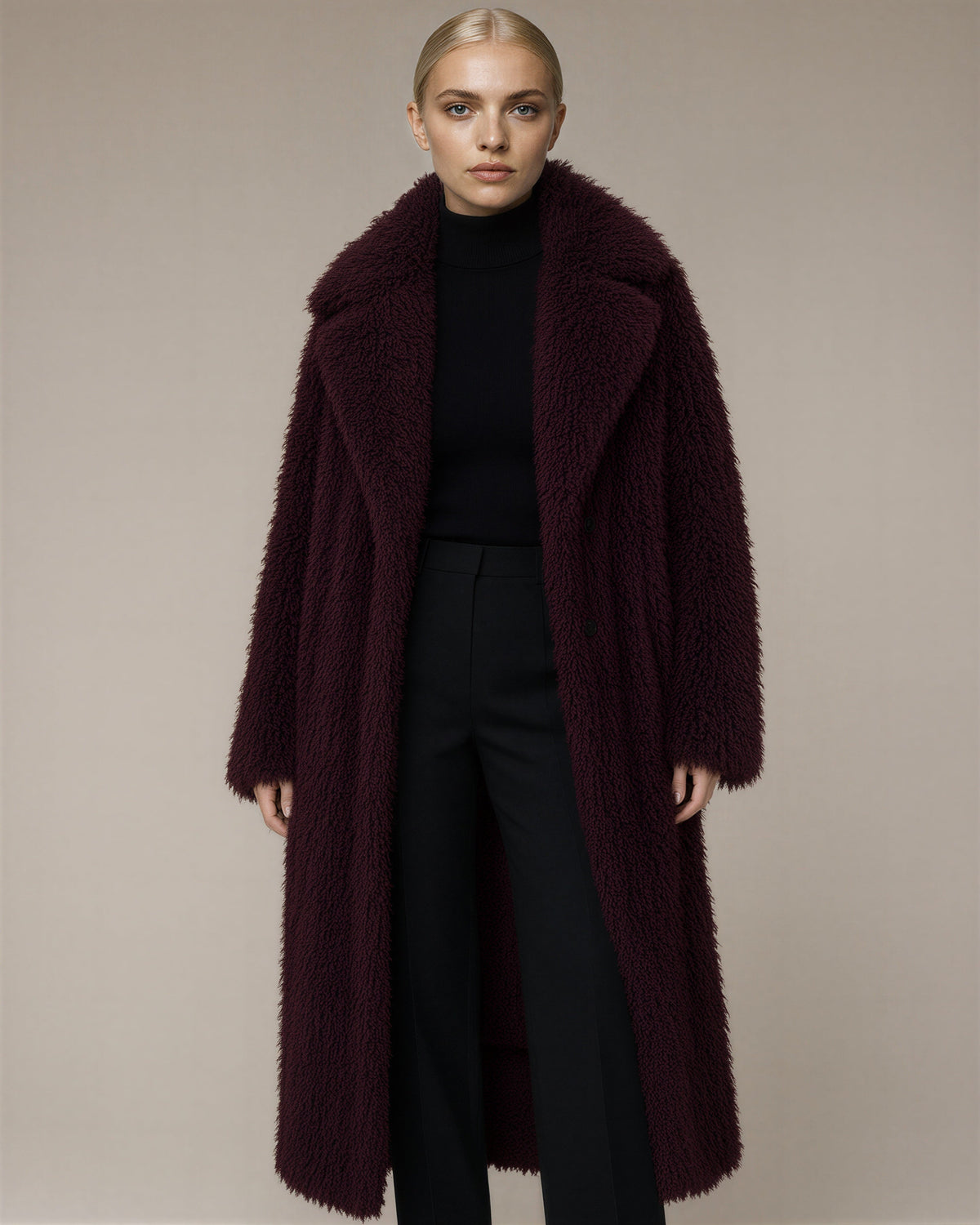 Velia Long Pile Maxi Faux Fur Coat, burgundy color option