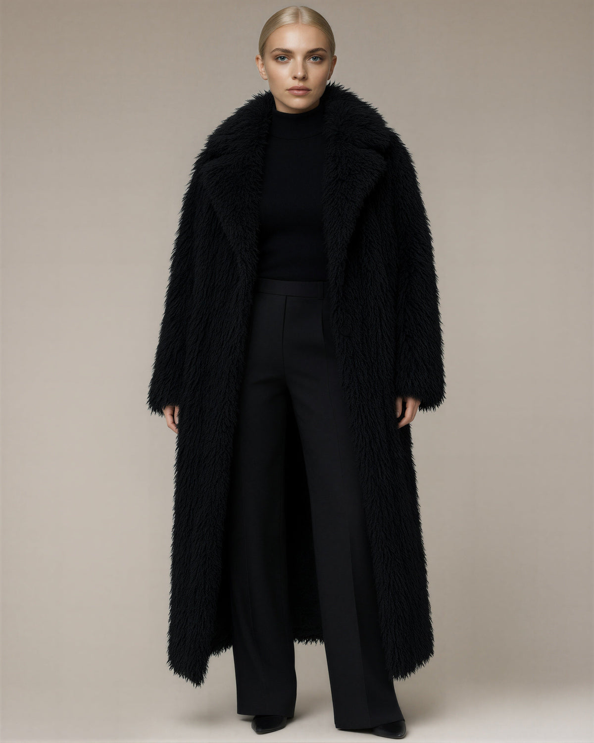 Velia Long Pile Maxi Faux Fur Coat, black color option
