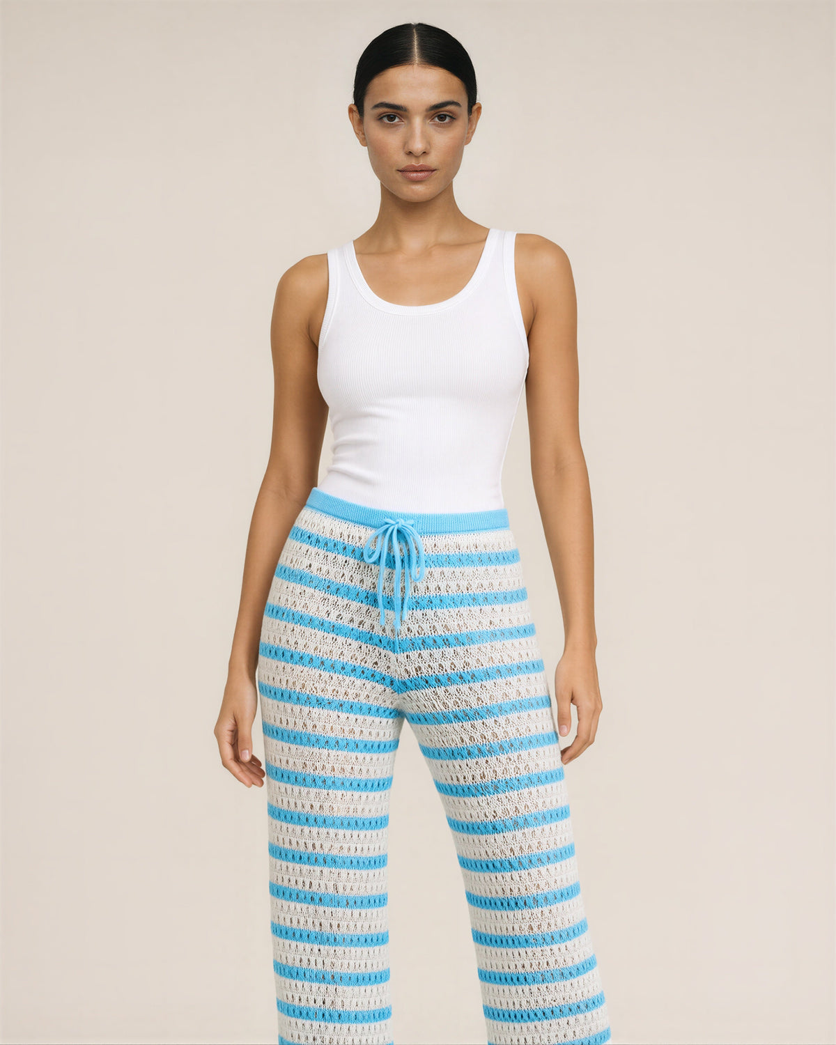Venera Striped Pointelle Knit Straight Leg Trousers, blue white, front view