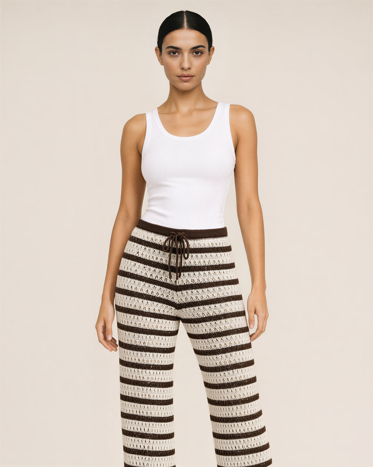Venera Striped Pointelle Knit Straight Leg Trousers, brown white color option