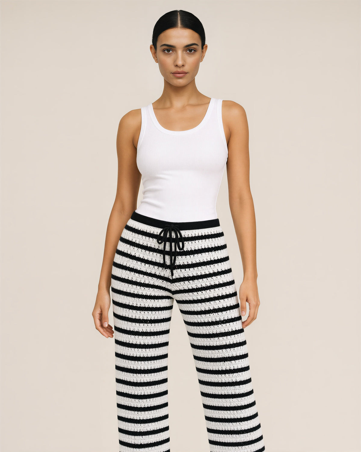 Venera Striped Pointelle Knit Straight Leg Trousers, black white color option