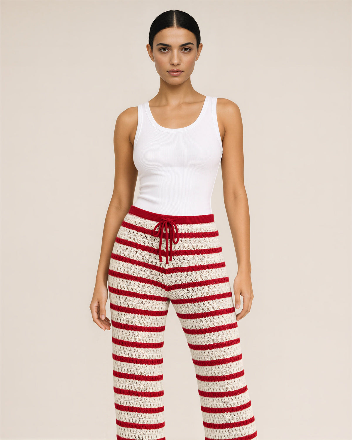 Venera Striped Pointelle Knit Straight Leg Trousers, red white color option