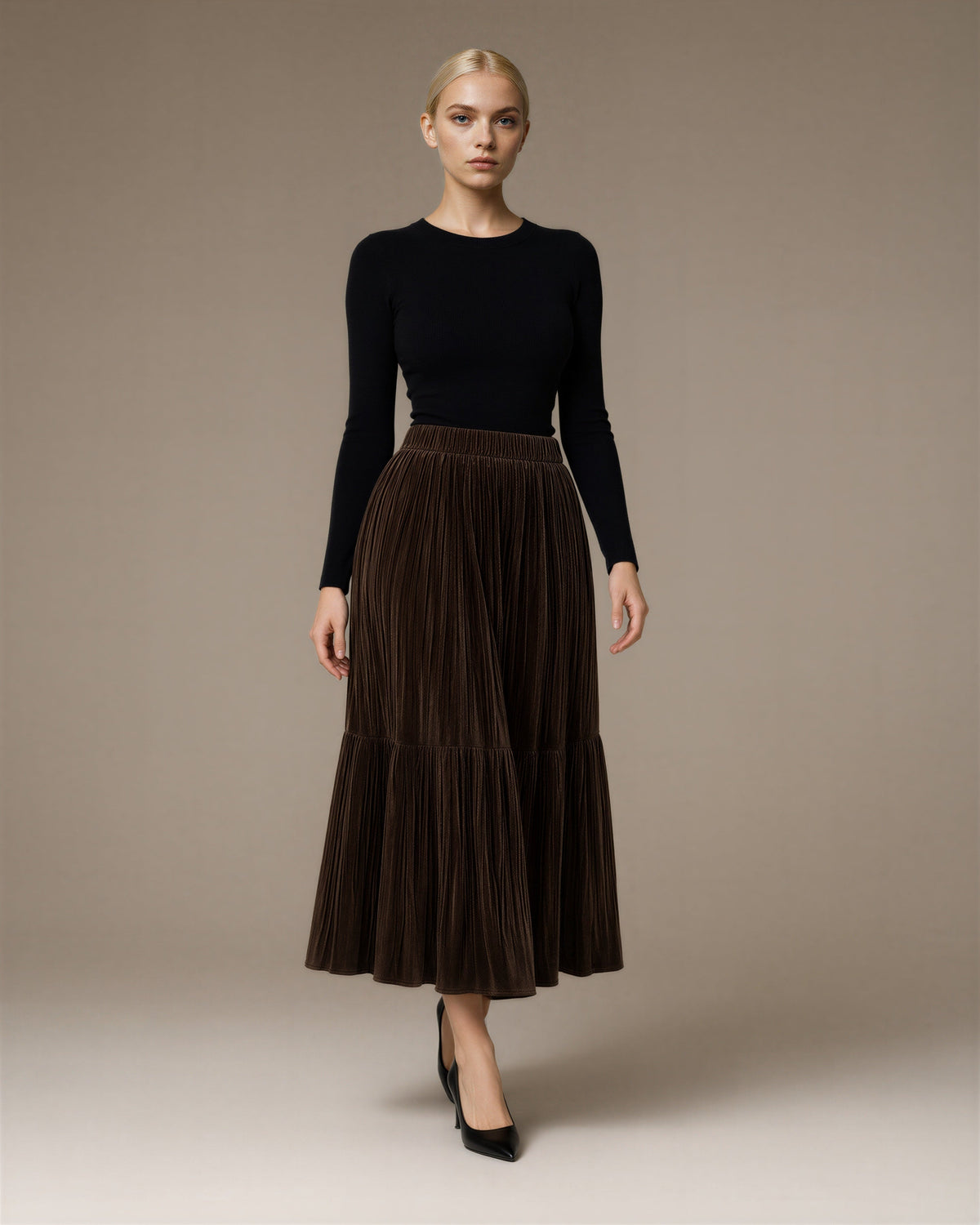 Vesta Plisse Velvet Two Tier Maxi Skirt, Brown, brown, full length walking view