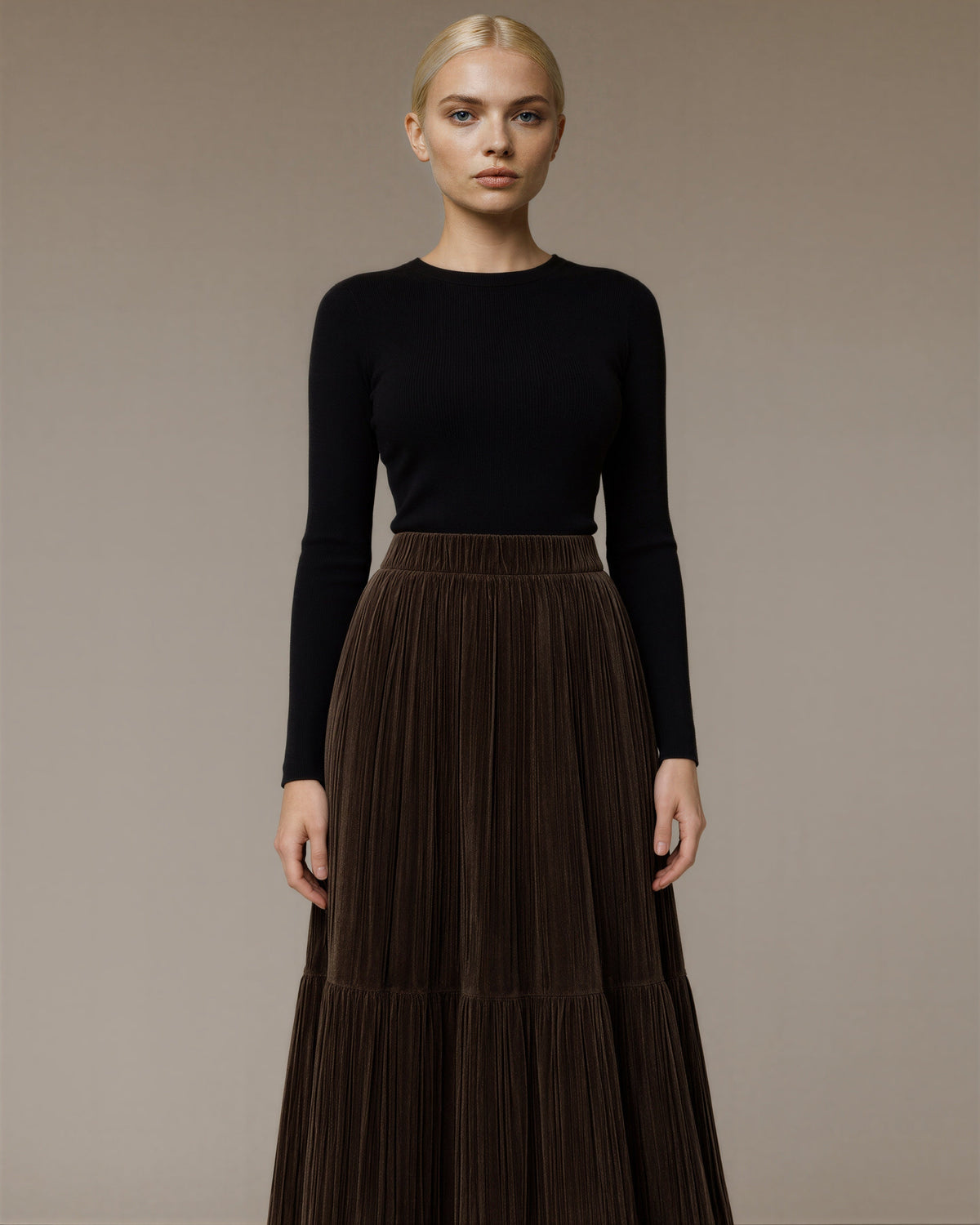 Vesta Plisse Velvet Two Tier Maxi Skirt, Brown, brown, front view