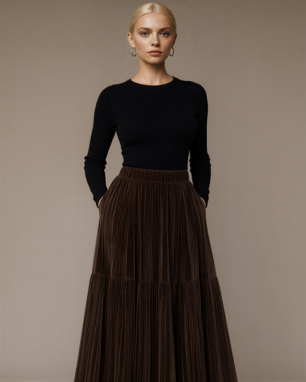 Vesta Plisse Velvet Two Tier Maxi Skirt, Brown, brown, front, hands in pockets