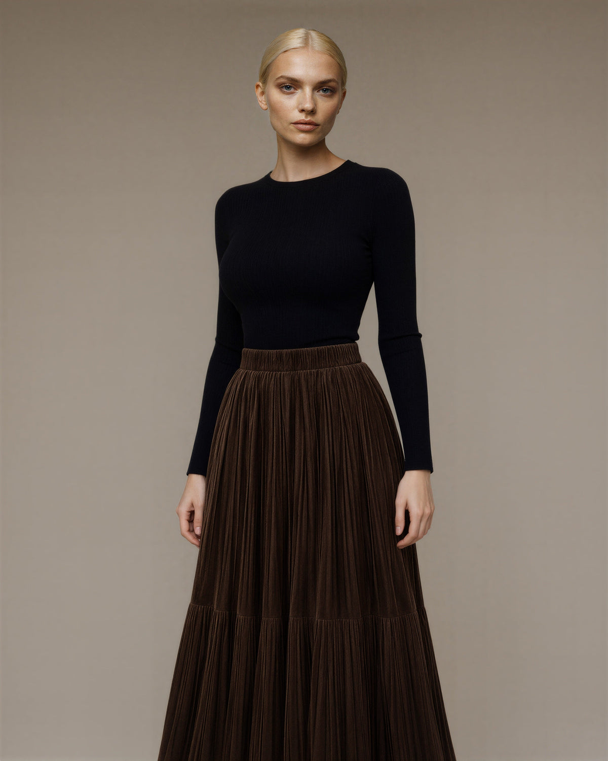 Vesta Plisse Velvet Two Tier Maxi Skirt, Brown, brown, three quarter view