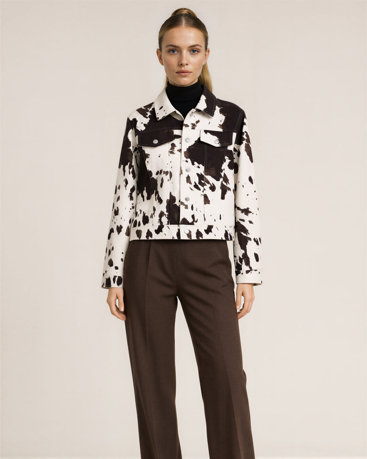 Vilia Cow Print Press Stud Cropped Jacket, Brown White, brown white, front view