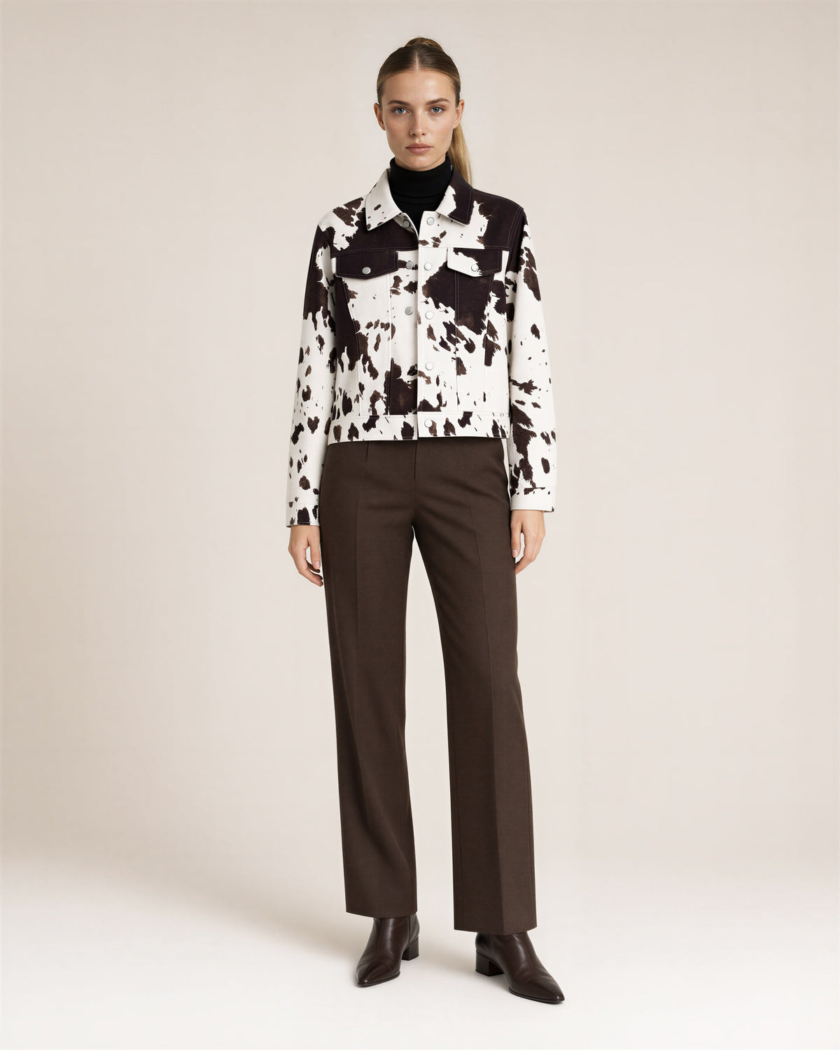Vilia Cow Print Press Stud Cropped Jacket, Brown White, brown white, full length front view