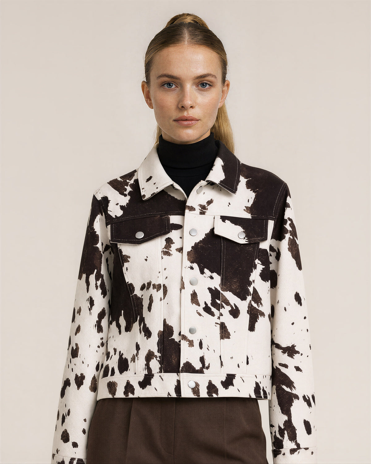 Vilia Cow Print Press Stud Cropped Jacket, Brown White, brown white, close up above the waist