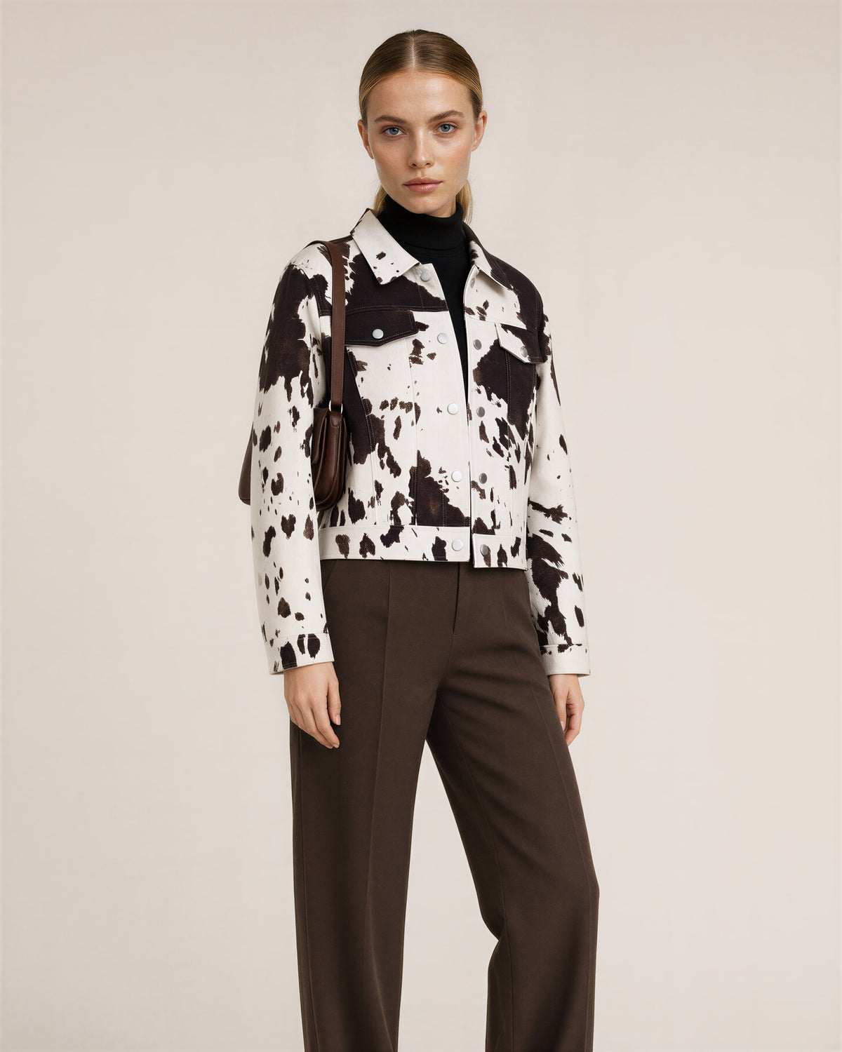 Vilia Cow Print Press Stud Cropped Jacket, Brown White, brown white, three quarter view