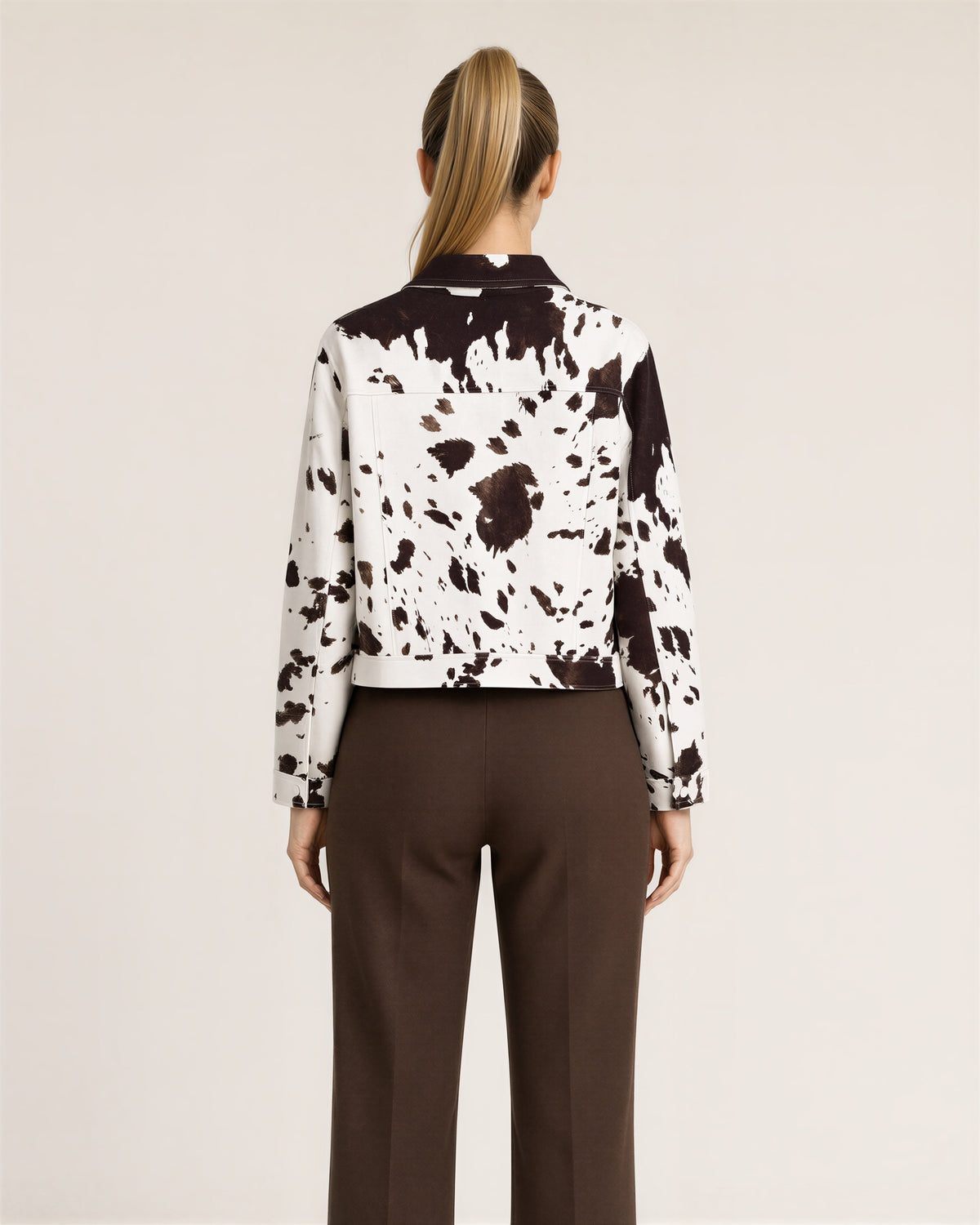 Vilia Cow Print Press Stud Cropped Jacket, Brown White, brown white, back view