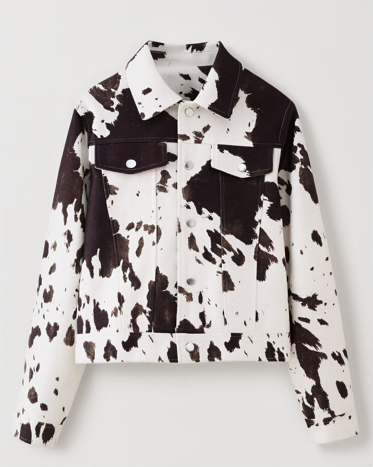 Vilia Cow Print Press Stud Cropped Jacket, Brown White, brown white, product view without a model