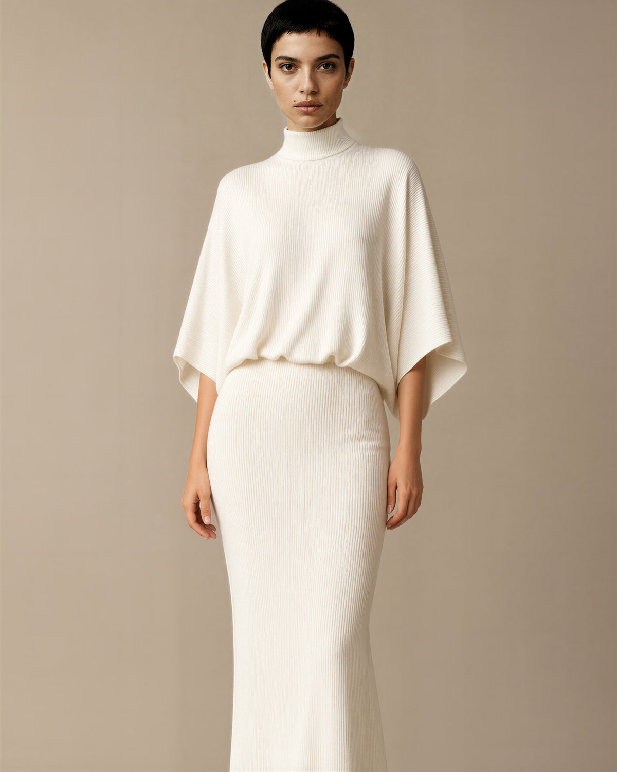 Virna Batwing Sleeve Knit and Maxi Skirt Set, off white, front view
