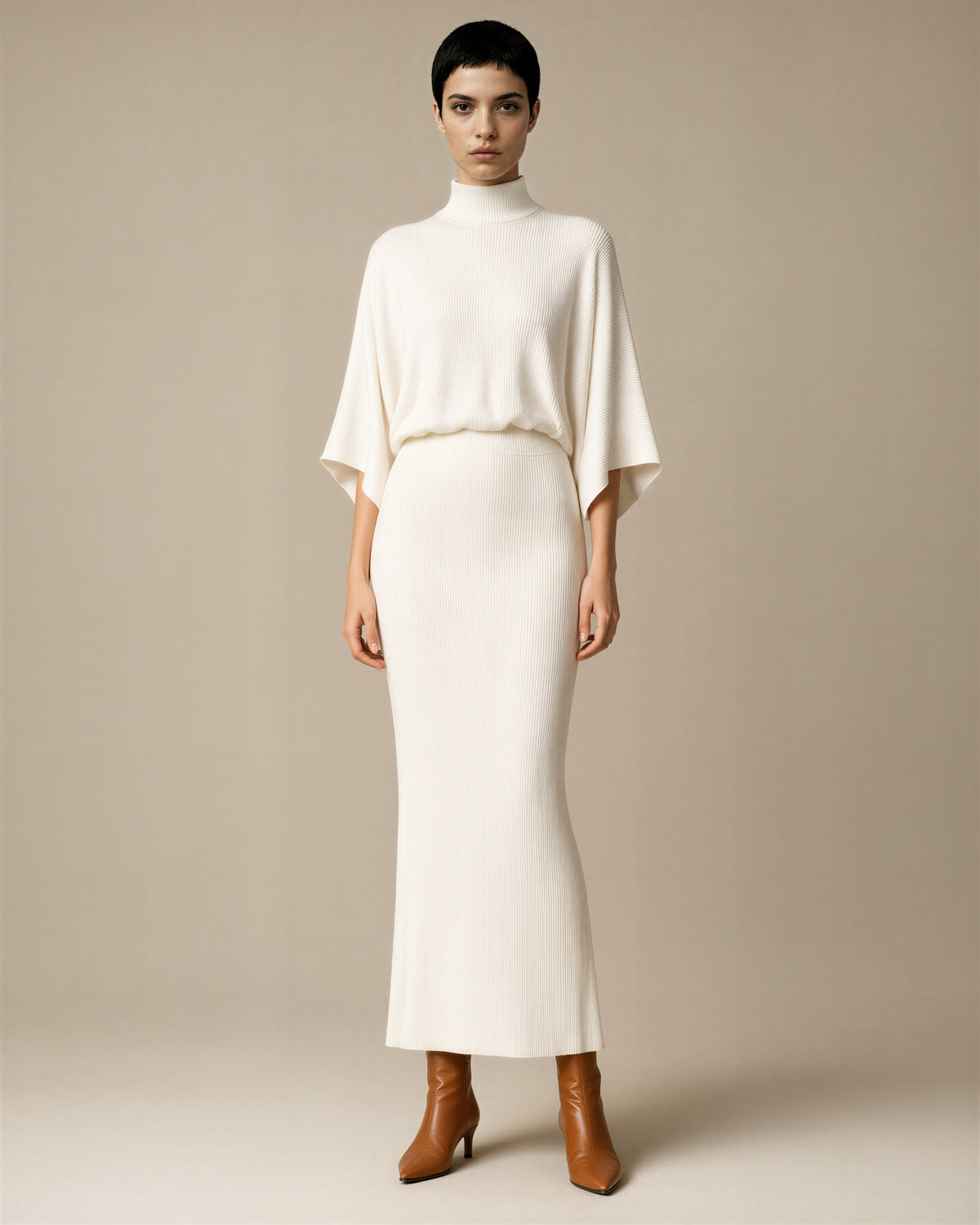 Virna Batwing Sleeve Knit and Maxi Skirt Set, off white, full length front view