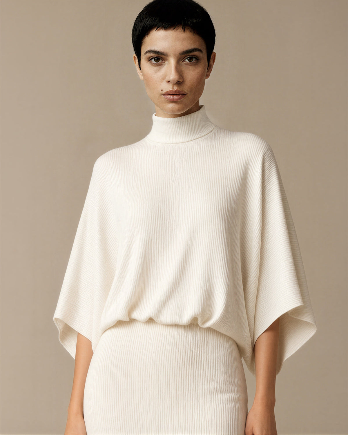 Virna Batwing Sleeve Knit and Maxi Skirt Set, off white, close up above the waist