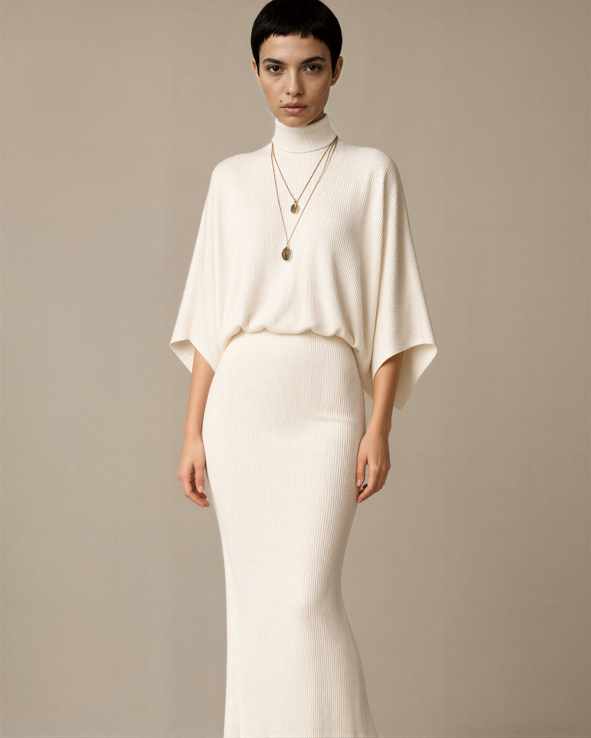 Virna Batwing Sleeve Knit and Maxi Skirt Set, off white, three quarter view