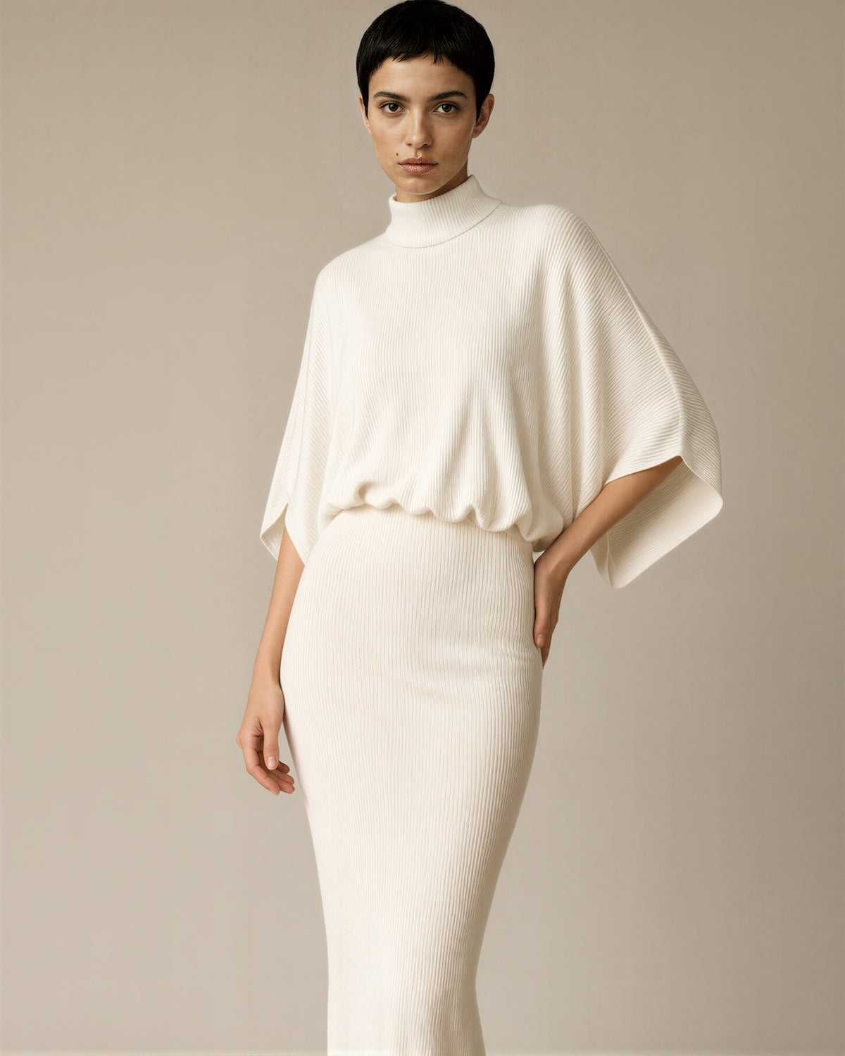 Virna Batwing Sleeve Knit and Maxi Skirt Set, off white, front, hands on the waist