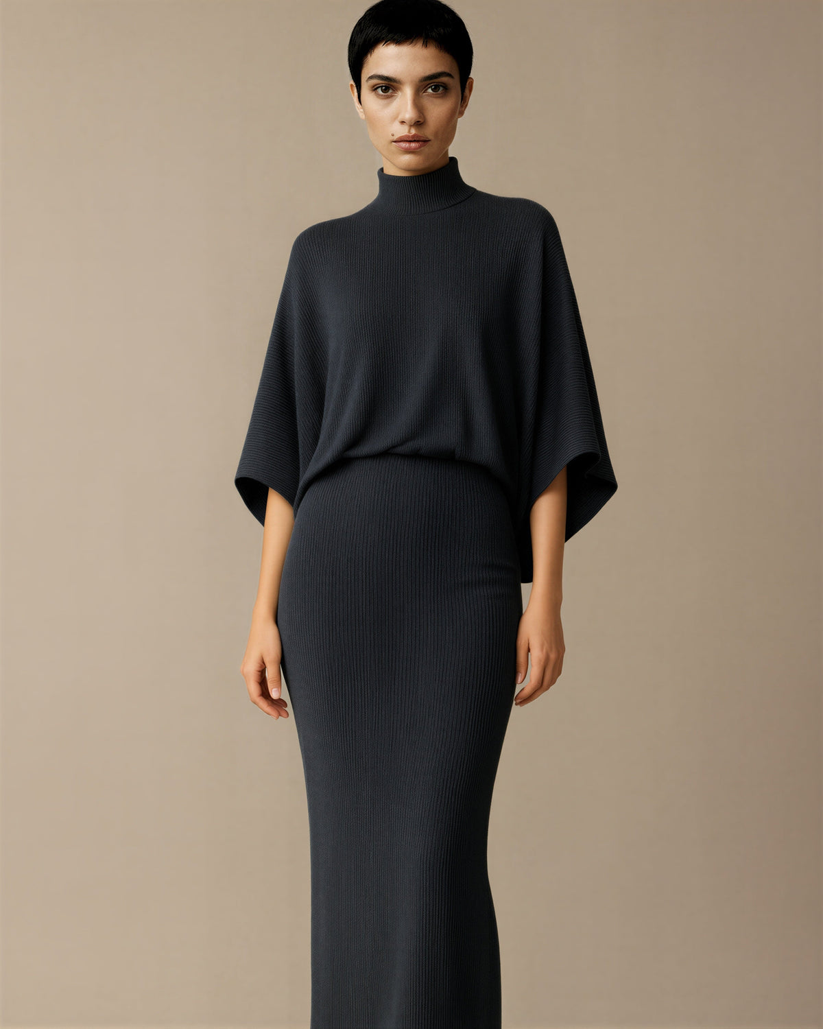 Virna Batwing Sleeve Knit and Maxi Skirt Set, charcoal color option