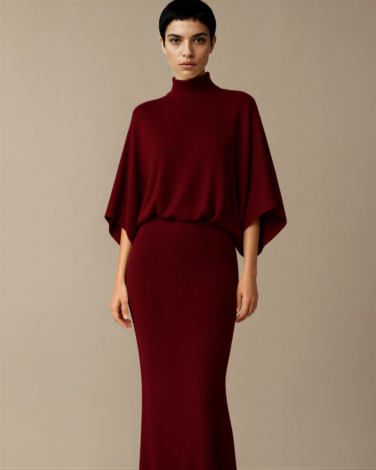 Virna Batwing Sleeve Knit and Maxi Skirt Set, burgundy color option