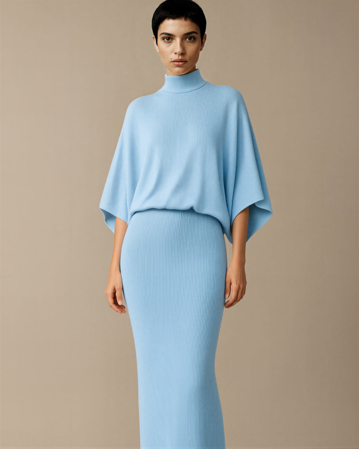 Virna Batwing Sleeve Knit and Maxi Skirt Set, light blue color option