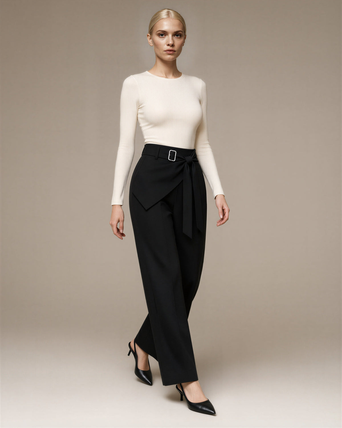 Vittoria Tie Belt Asymmetric Wide Leg Tailored Trousers, black, full length walking view