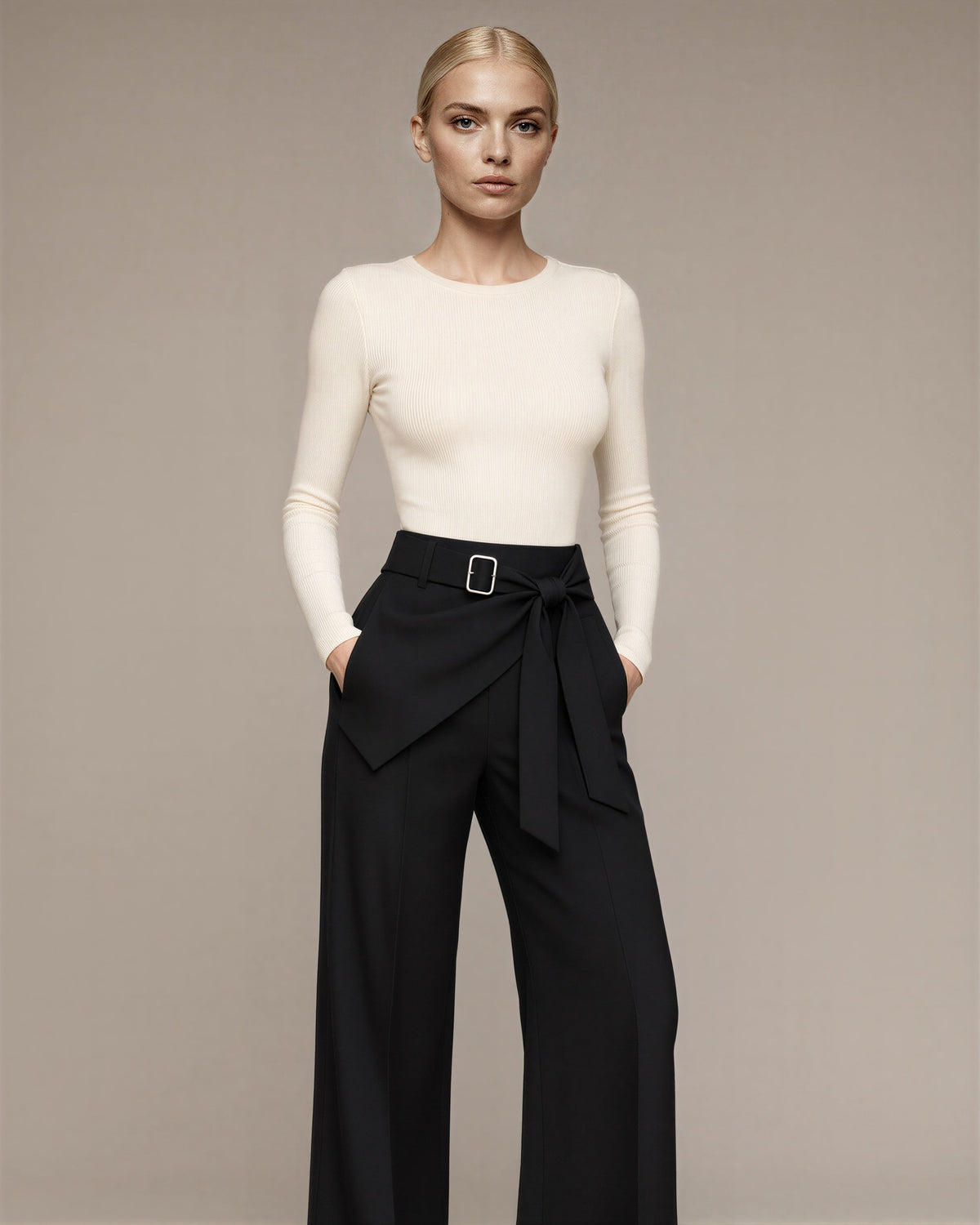 Vittoria Tie Belt Asymmetric Wide Leg Tailored Trousers, black, front, hands in pockets