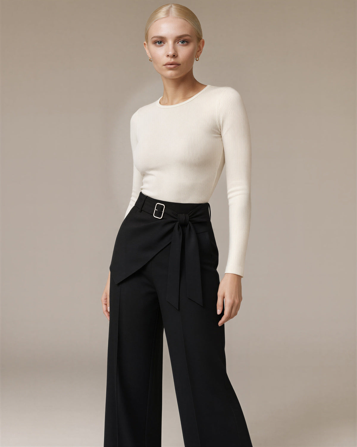Vittoria Tie Belt Asymmetric Wide Leg Tailored Trousers, black, three quarter view