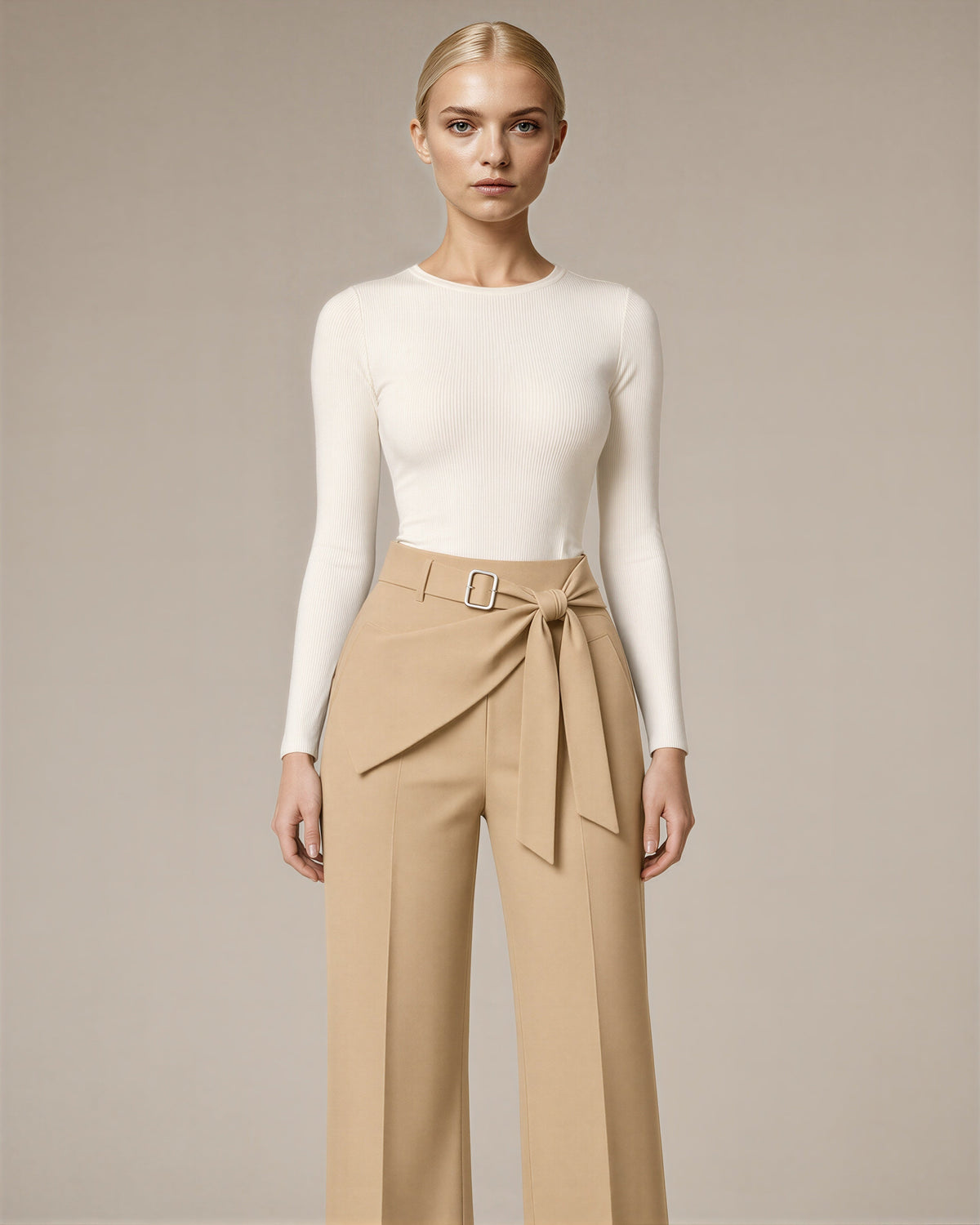 Vittoria Tie Belt Asymmetric Wide Leg Tailored Trousers, sand beige color option