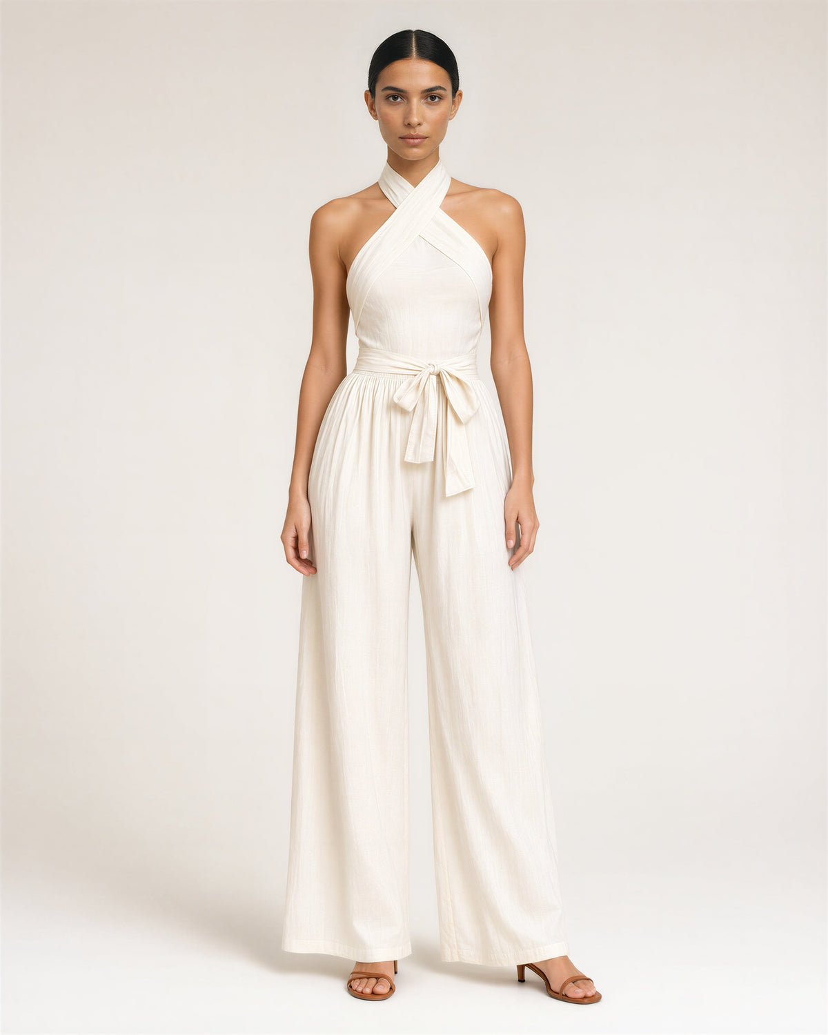 Viviana Crossover Halter Neck Tie Belt Wide Leg Jumpsuit, off white, full length front view