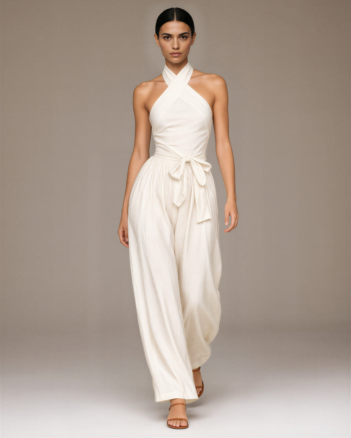 Viviana Crossover Halter Neck Tie Belt Wide Leg Jumpsuit, off white, full length walking view