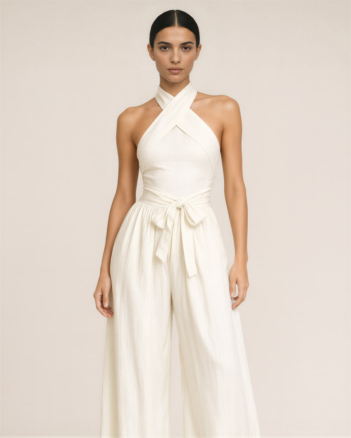 Viviana Crossover Halter Neck Tie Belt Wide Leg Jumpsuit, off white, front view