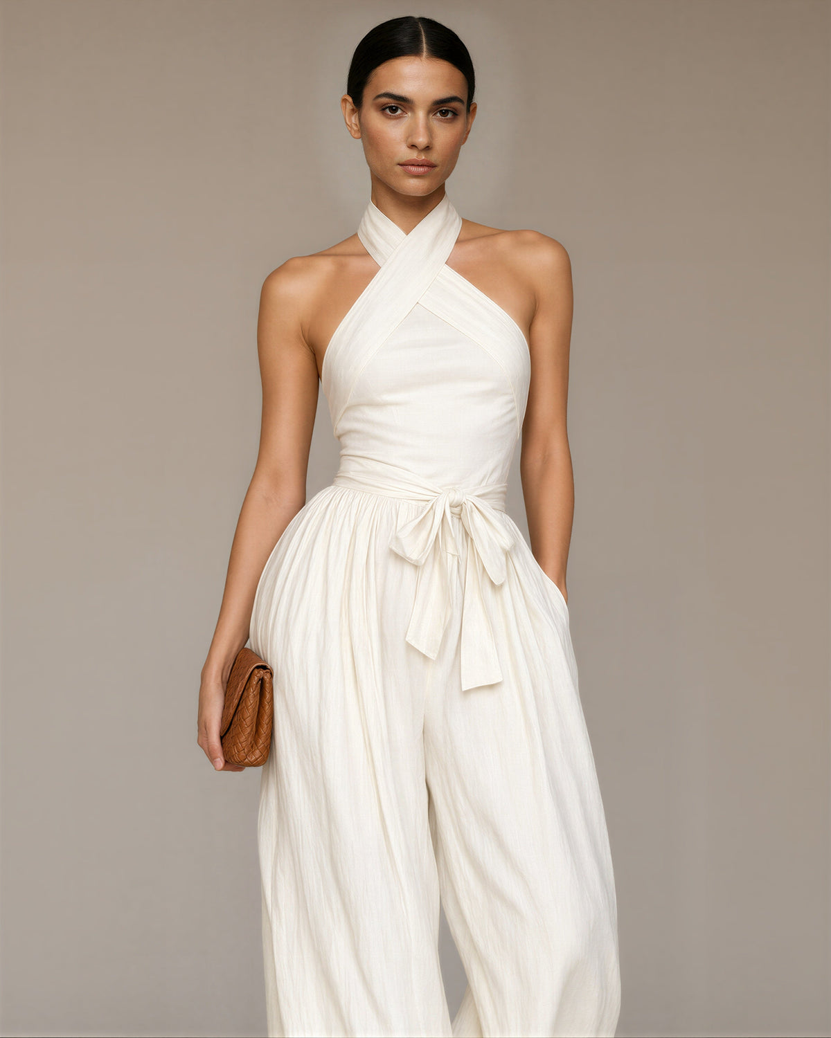 Viviana Crossover Halter Neck Tie Belt Wide Leg Jumpsuit, off white, three quarter view