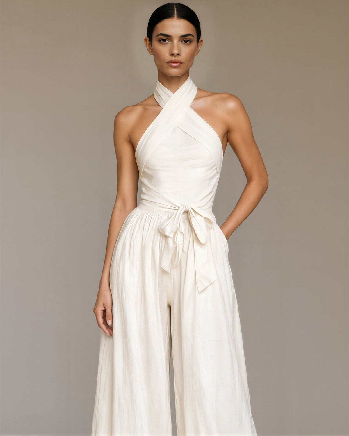 Viviana Crossover Halter Neck Tie Belt Wide Leg Jumpsuit, off white, front, hands on the waist