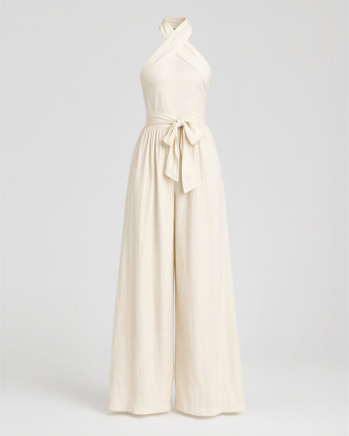 Viviana Crossover Halter Neck Tie Belt Wide Leg Jumpsuit, off white, product view without a model