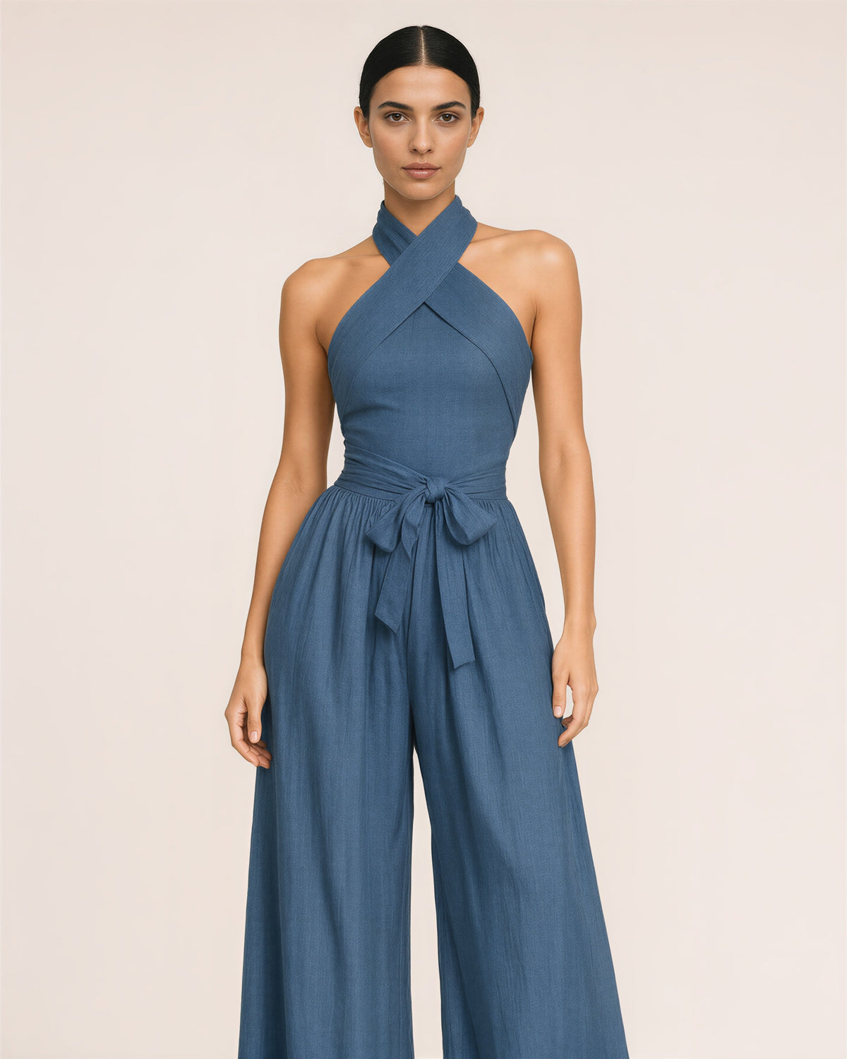 Viviana Crossover Halter Neck Tie Belt Wide Leg Jumpsuit, blue color option