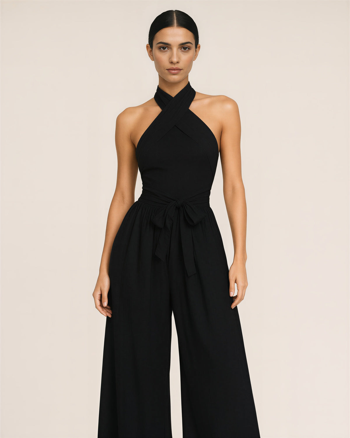 Viviana Crossover Halter Neck Tie Belt Wide Leg Jumpsuit, black color option