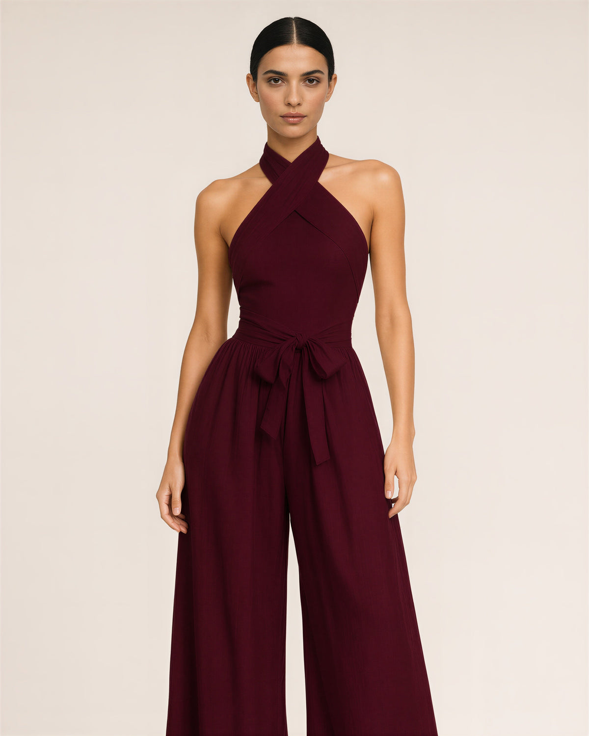 Viviana Crossover Halter Neck Tie Belt Wide Leg Jumpsuit, burgundy color option
