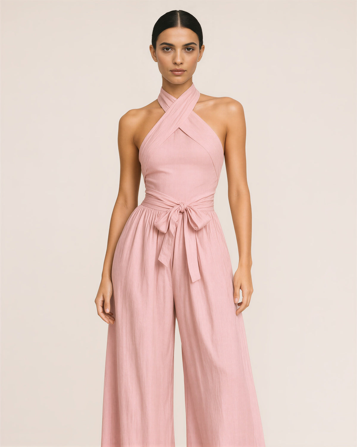 Viviana Crossover Halter Neck Tie Belt Wide Leg Jumpsuit, powder pink color option
