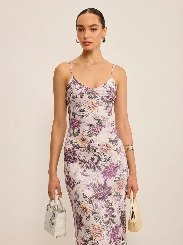 V Yaka Çiçekli Cami Uzun Elbise