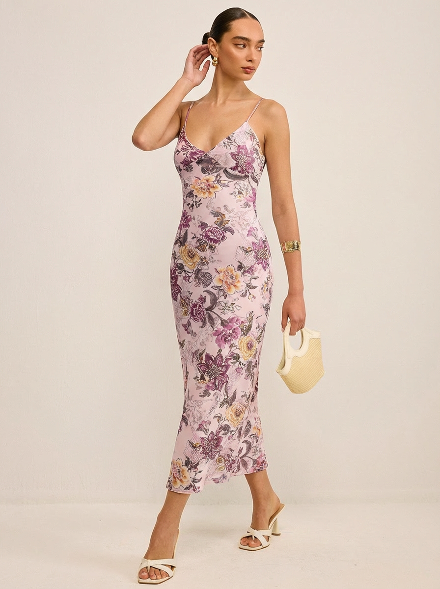 V-Neck Floral Cami Maxi Dress — Multicolour — Svelte Chic