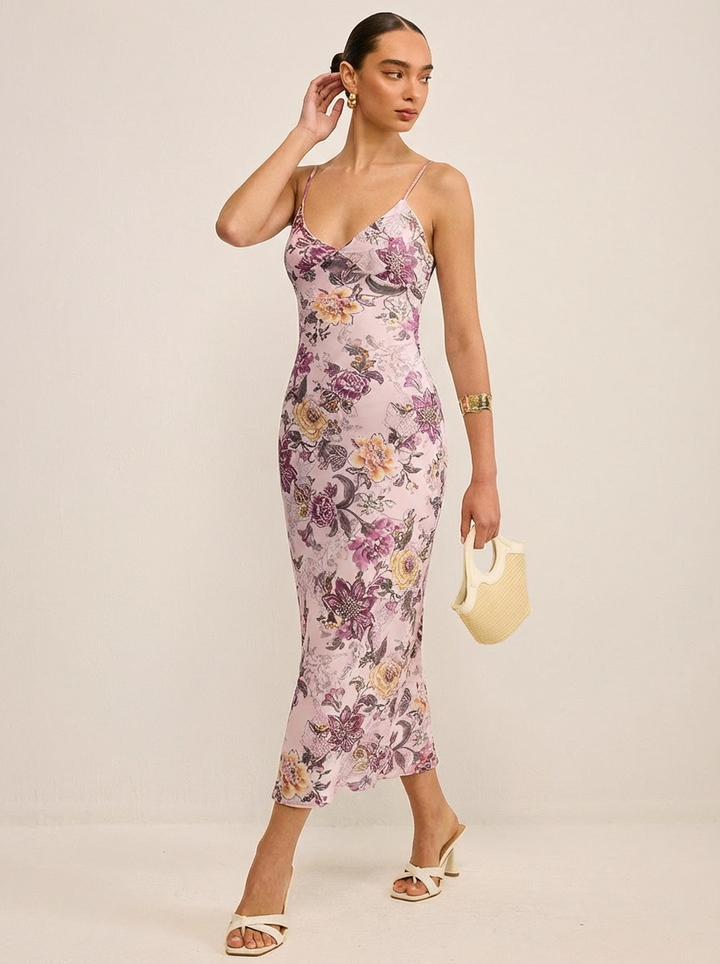 V Yaka Çiçekli Cami Uzun Elbise