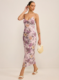 V Yaka Çiçekli Cami Uzun Elbise