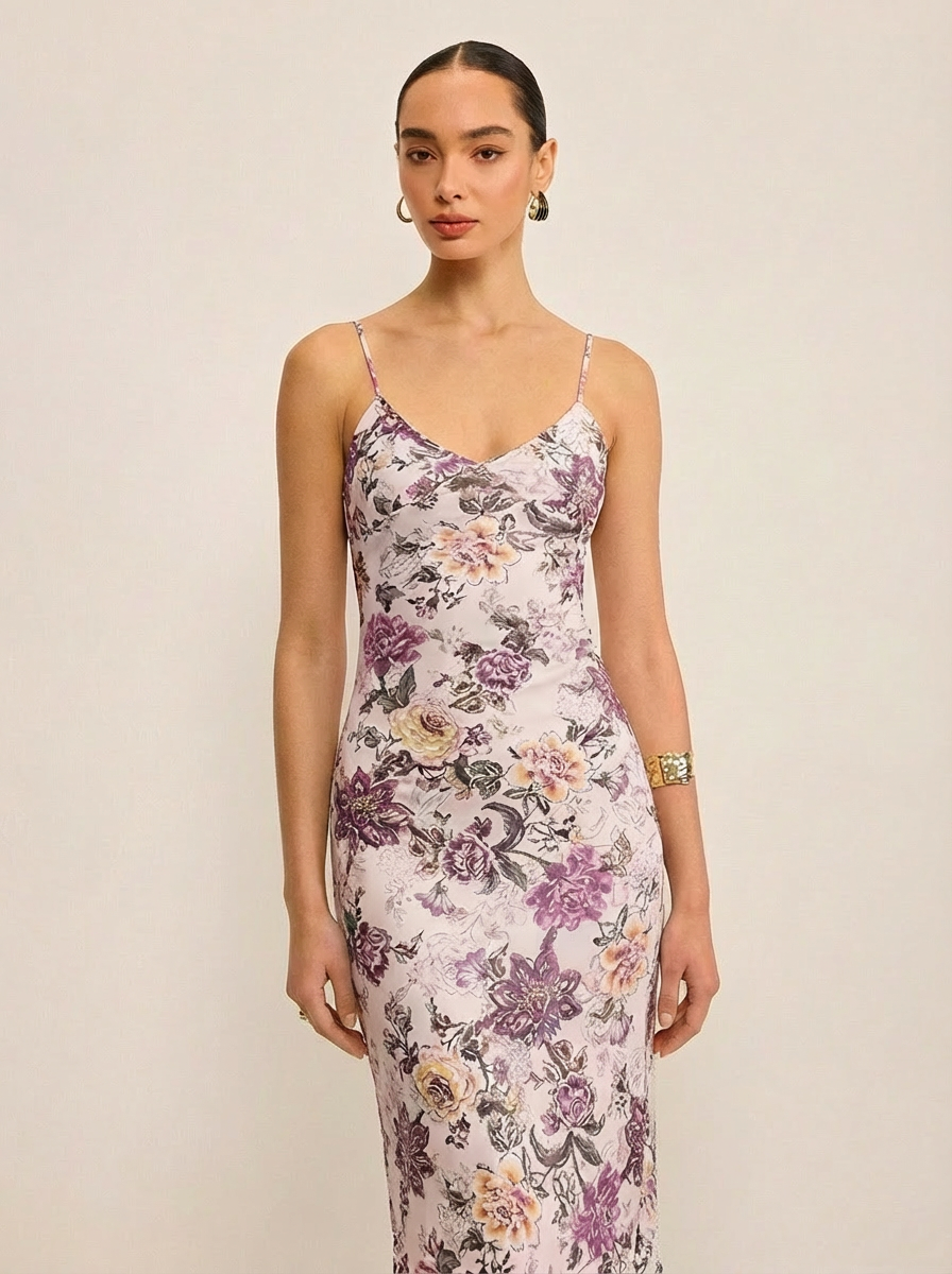 V Yaka Çiçekli Cami Uzun Elbise