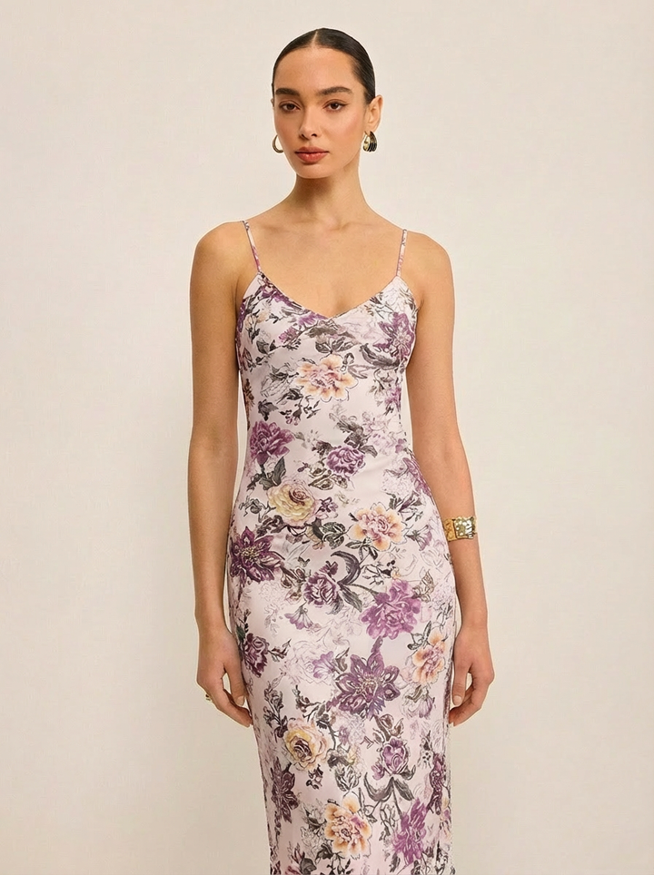 V Yaka Çiçekli Cami Uzun Elbise