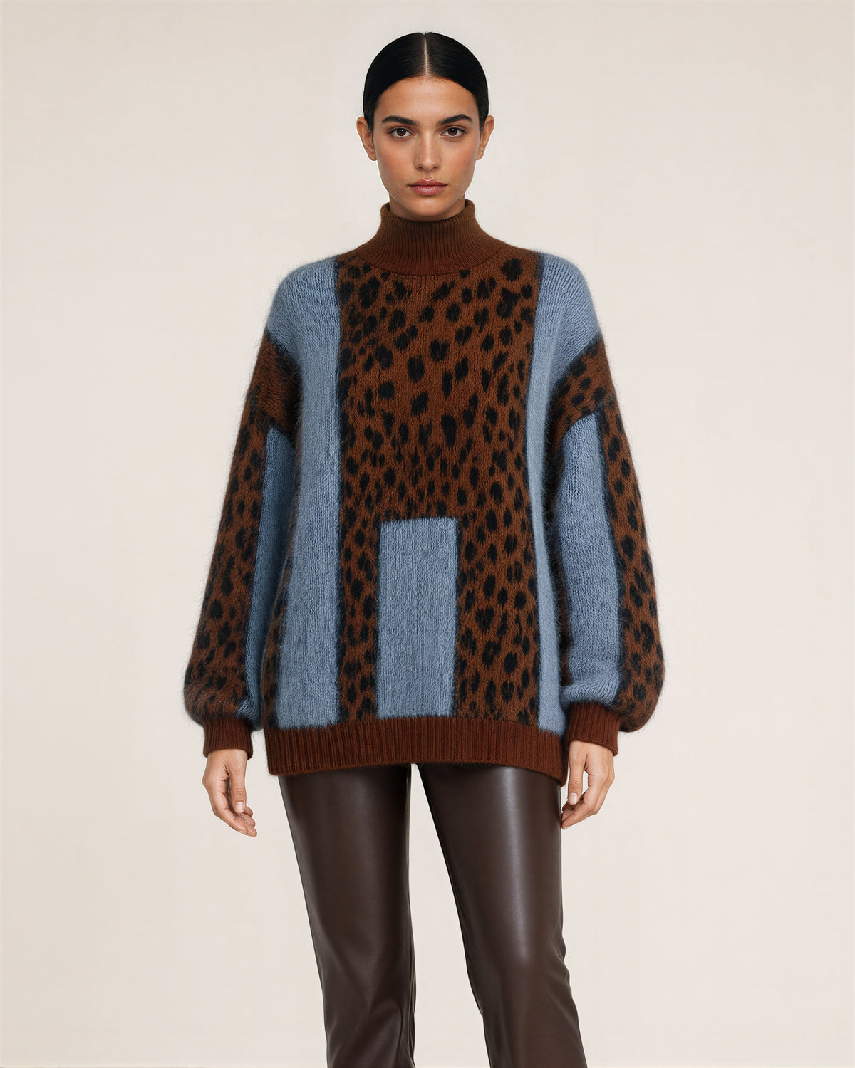 Zelinda Leopard Print Turtleneck Oversized Sweater, brown leopard, front view