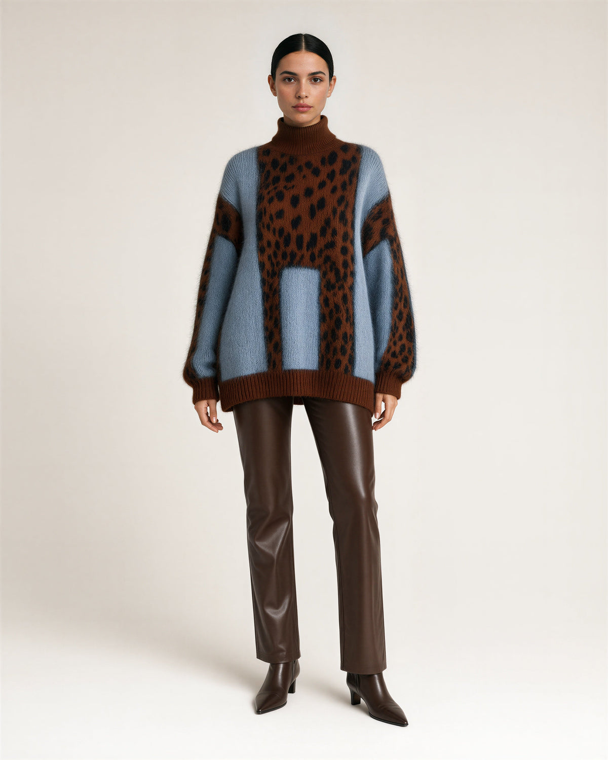 Zelinda Leopard Print Turtleneck Oversized Sweater, brown leopard, full length front view