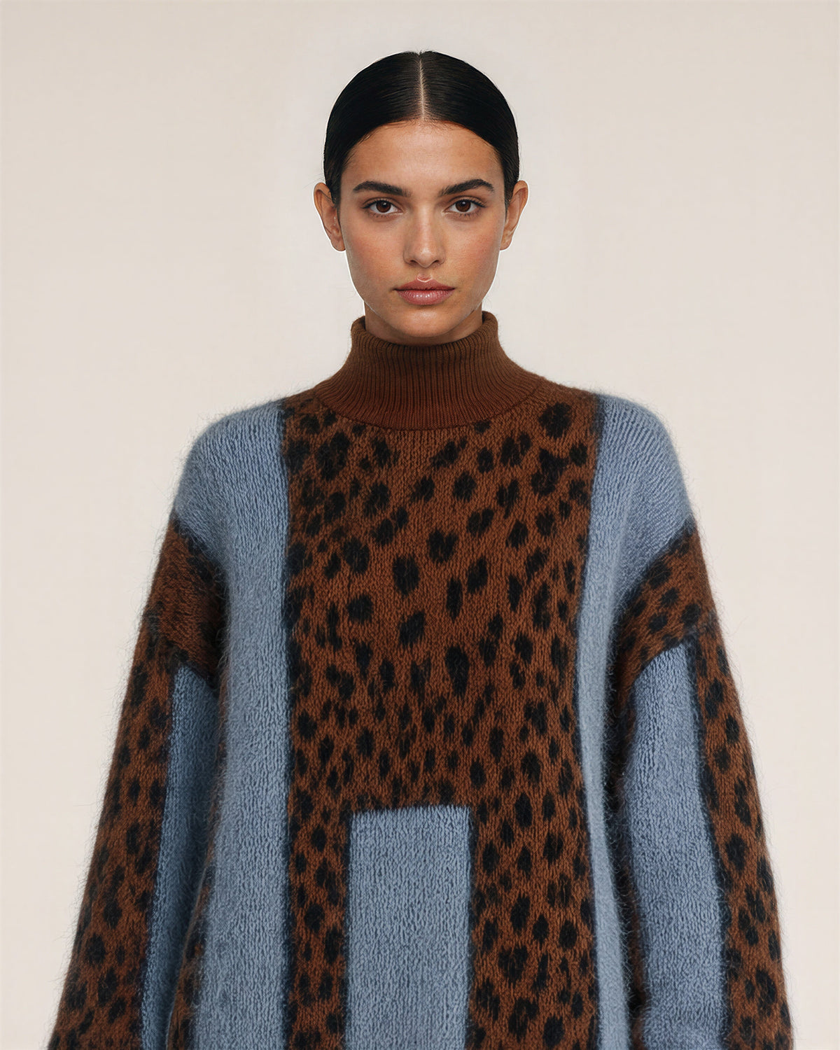 Zelinda Leopard Print Turtleneck Oversized Sweater, brown leopard, close up above the waist